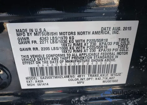 2015 Mitsubishi Outlander Sport Es from USA, damaged, VIN 4A4AR3AU6FE048992